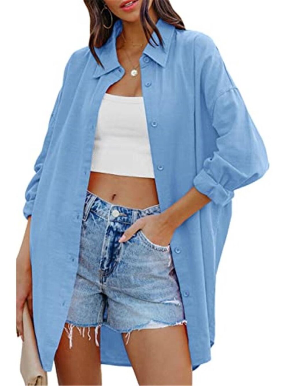 Sky Blue Oversized Button Down Shirt Women Cotton Loose Long Sleeve Blouse Top